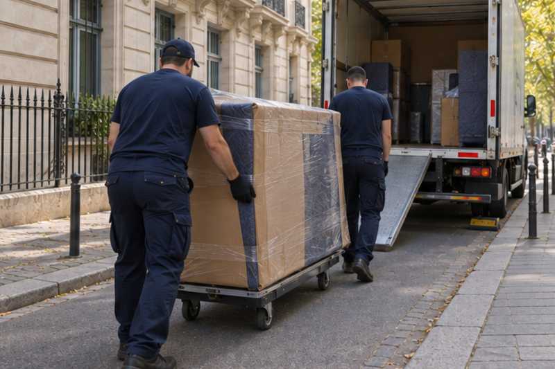 Un bureau compact sous carton plat et couverture épaisse, sur le trottoir d'une rue d'Île-de-France, déménagement de Paris vers la Mauritanie