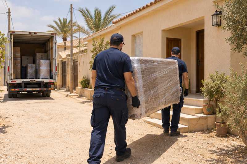 Devant une maison basse aux murs beiges sur une rue sablonneuse, déménagement de Paris vers la Mauritanie