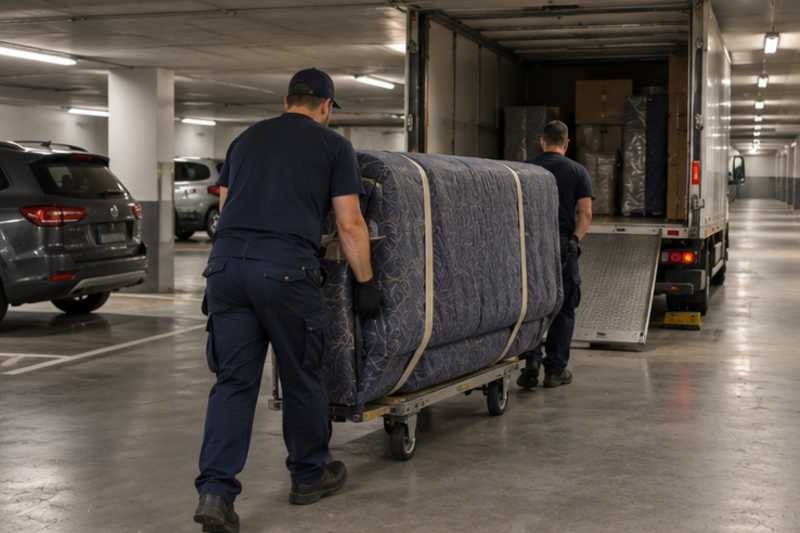 Un canapé convertible sous couverture de déménagement, dans un parking souterrain de résidence, déménagement de Paris vers la Mauritanie