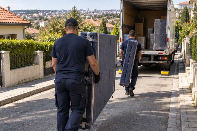 Les éléments d'un lit double démonté sous housse zippée, dans une rue en pente de banlieue pavillonnaire, déménagement de Paris vers la Mauritanie