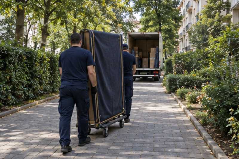 Une armoire démontée en panneaux sous housse zippée, sur une longue allée piétonne de résidence, déménagement de Paris vers la Moldavie