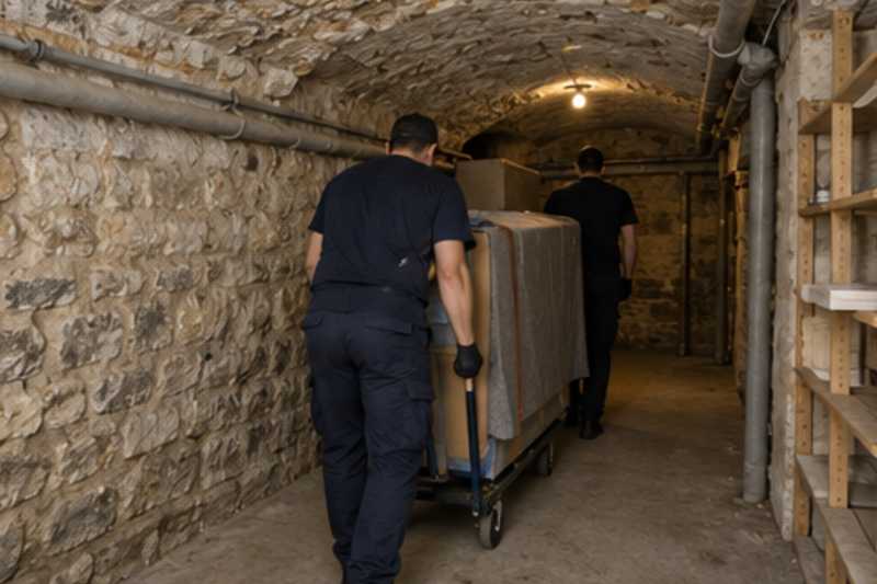 Un buffet bas sous carton plat et couverture épaisse, dans une cave d'immeuble aux murs de pierre, déménagement de Paris vers la Moldavie