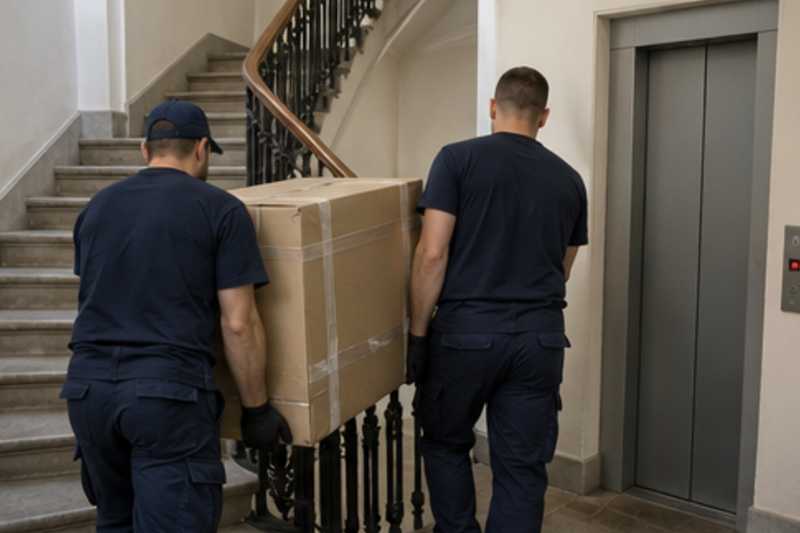 Un bureau compact sous carton épais et ruban adhésif, dans une cage d'escalier d'immeuble, déménagement de Paris vers la Moldavie