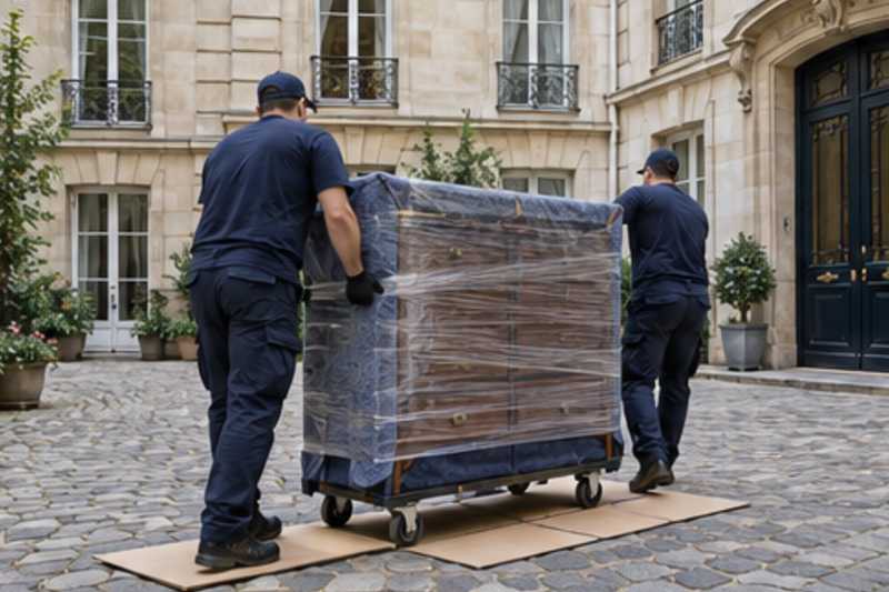 Une commode à six tiroirs sous couvertures capitonnées et film étirable, dans la cour pavée d'un immeuble ancien d'Île-de-France, déménagement de Paris vers la Moldavie