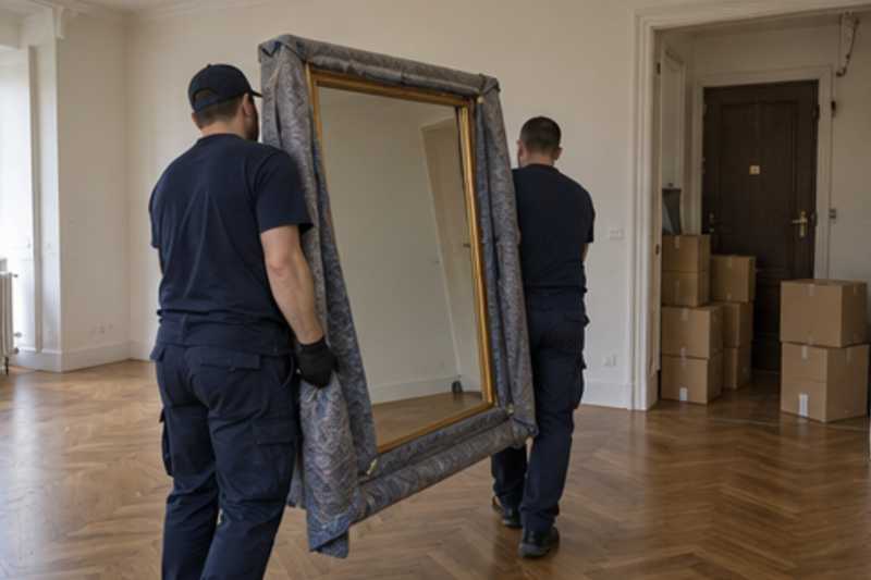 Un grand miroir encadré tenu debout sous couverture de déménagement, dans un appartement presque vide, déménagement de Paris vers la Moldavie