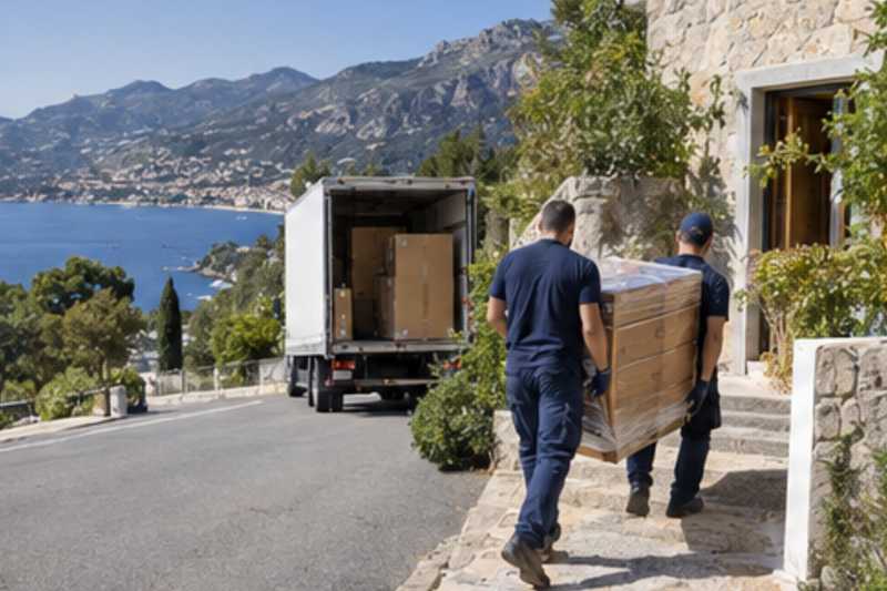 Un camion de déménagement arrêté sur une route côtière en lacets au-dessus d'une baie entourée de montagnes, déménagement de Paris vers le Monténégro