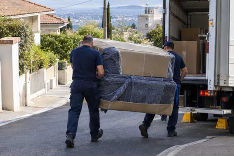 Un canapé convertible sous carton plat et couverture épaisse, dans une rue en pente de banlieue pavillonnaire, déménagement de Paris vers le Monténégro