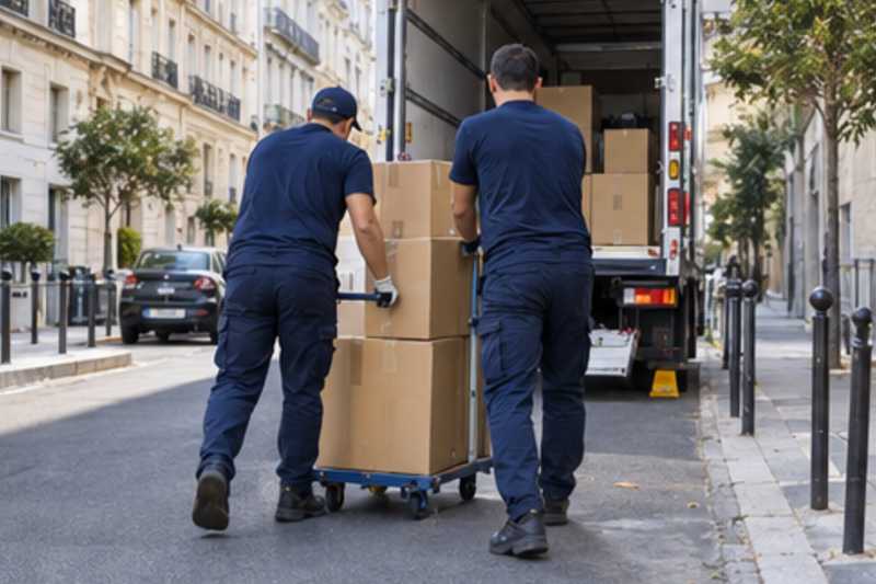 Une pile de cartons de déménagement fermés, sur le trottoir d'une rue d'Île-de-France, déménagement de Paris vers le Monténégro
