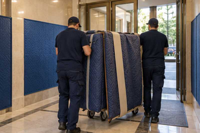 Les éléments d'un lit double démonté sous housse matelassée et sangles, dans le hall d'une résidence aux murs protégés par des panneaux de déménagement, déménagement de Paris vers le Monténégro