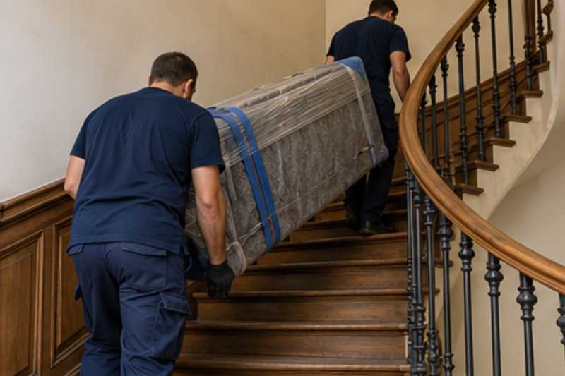 Un meuble TV bas sous feutrine et film étirable, dans un escalier tournant en bois d'immeuble ancien, déménagement de Paris vers le Monténégro