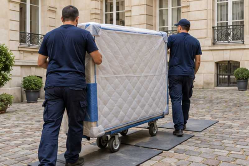 Un sommier double avec protections d'angles, dans la cour pavée d'un immeuble ancien d'Île-de-France, déménagement de Paris vers le Monténégro