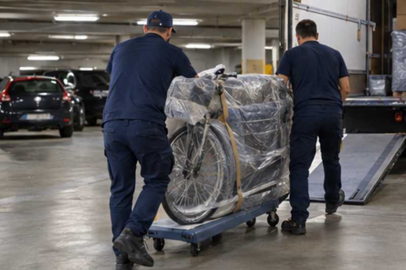 Un vélo de ville sous couvertures capitonnées et film étirable, dans un parking souterrain de résidence, déménagement de Paris vers le Monténégro