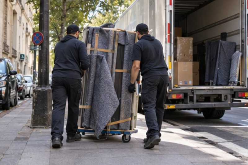 Une armoire démontée en panneaux sous couverture de déménagement, sur le trottoir d'une rue d'Île-de-France, déménagement de Paris vers le Mozambique