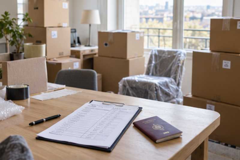 Une table de travail dans un appartement lumineux en cours d'emballage, déménagement de Paris vers le Mozambique