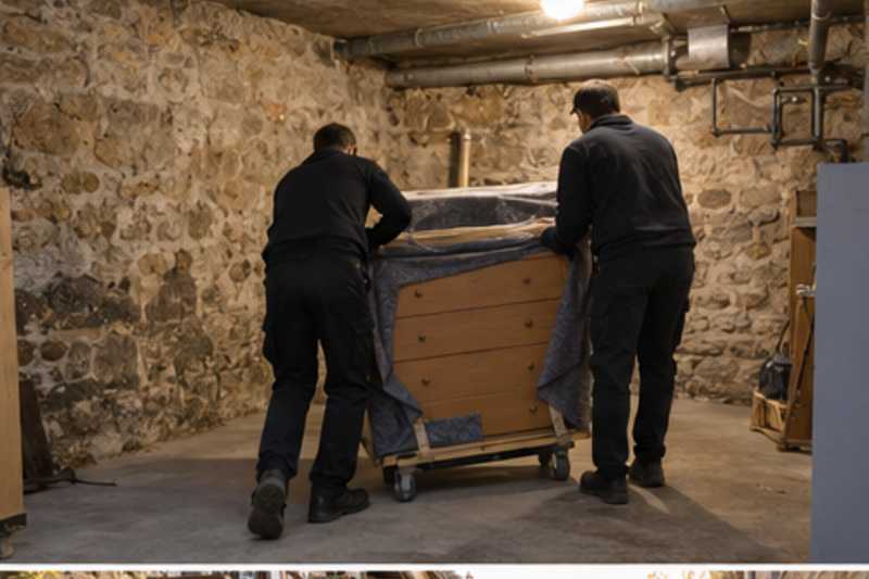 Une commode à six tiroirs sous carton plat et couverture épaisse, dans une cave d'immeuble aux murs de pierre, déménagement de Paris vers le Mozambique