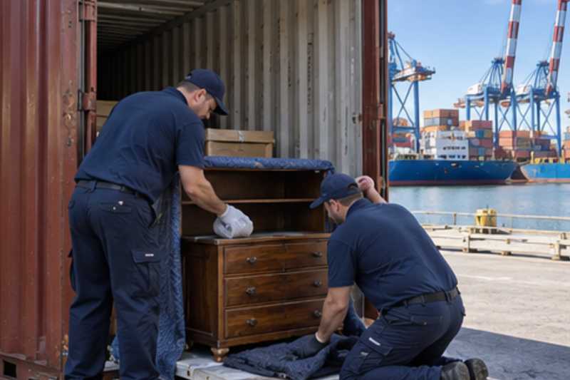 Deux déménageurs glissent des sachets déshydratants dans une commode en bois enveloppée de couvertures, déménagement de Paris vers le Mozambique