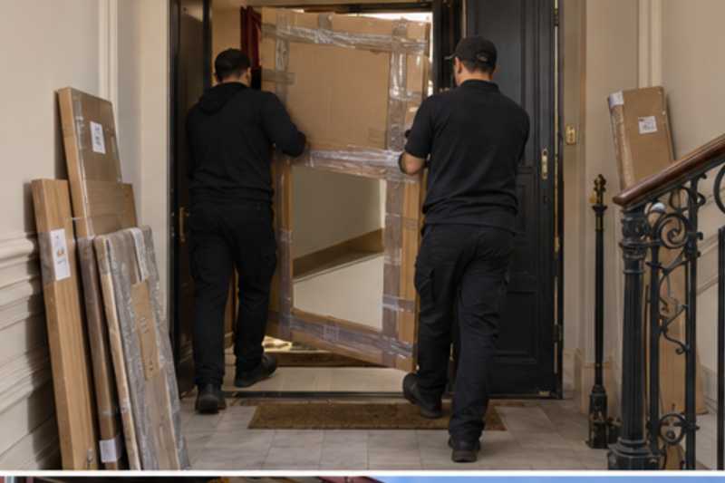 Un grand miroir encadré tenu debout sous carton épais et ruban adhésif, sur un palier d'appartement près d'une porte étroite, déménagement de Paris vers le Mozambique