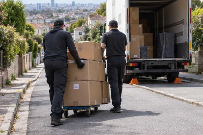 Une pile de cartons de déménagement fermés, dans une rue en pente de banlieue pavillonnaire, déménagement de Paris vers le Mozambique