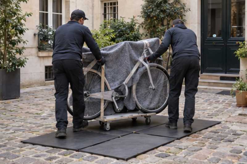 Un vélo de ville sous couverture de déménagement, dans la cour pavée d'un immeuble ancien d'Île-de-France, déménagement de Paris vers le Mozambique