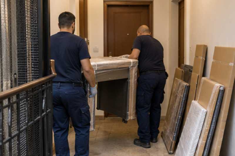 Un bureau compact sous carton plat et couverture épaisse, sur un palier d'appartement près d'une porte étroite, déménagement de Paris vers le Népal