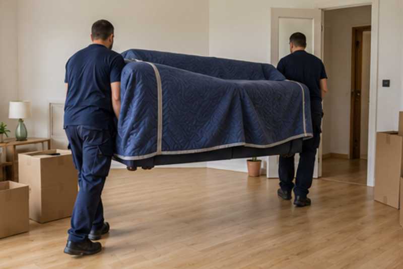 Un canapé trois places sous couverture de déménagement, dans un appartement presque vide, déménagement de Paris vers le Népal