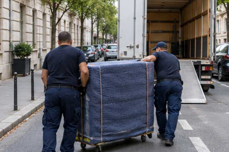 Une commode à six tiroirs sous housse zippée, sur le trottoir d'une rue d'Île-de-France, déménagement de Paris vers le Népal