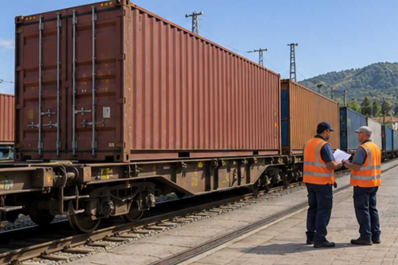 Un conteneur maritime chargé sur un wagon plat dans une gare de fret, déménagement de Paris vers le Népal