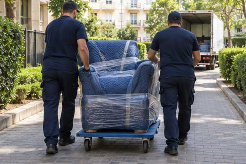 Un fauteuil releveur sous couvertures capitonnées et film étirable, sur une longue allée piétonne de résidence, déménagement de Paris vers le Népal