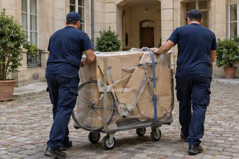 Un vélo de ville sous carton épais et ruban adhésif, dans la cour pavée d'un immeuble ancien d'Île-de-France, déménagement de Paris vers le Népal