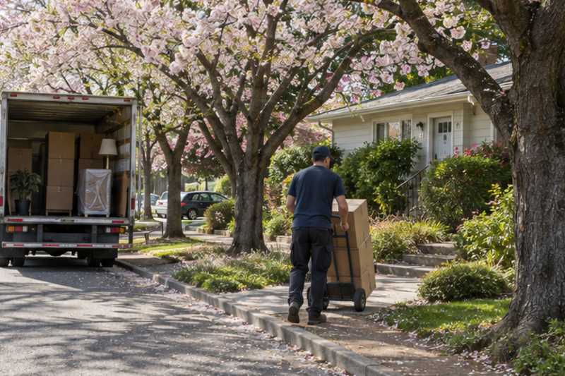 Une rue résidentielle bordée de grands arbres en fleurs sous un soleil matinal, déménagement de Paris vers le Paraguay