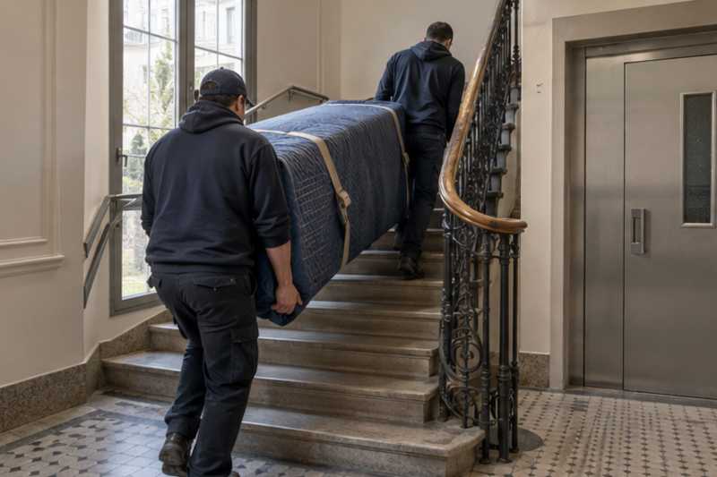 Un canapé convertible sous couverture de déménagement, dans une cage d'escalier d'immeuble, déménagement de Paris vers le Paraguay