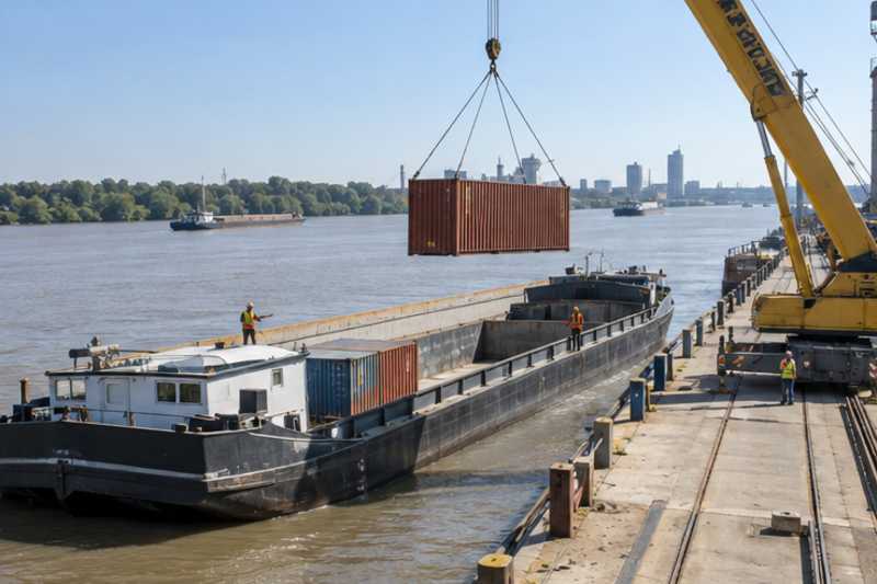 Un quai fluvial au bord d'un large fleuve aux eaux brunes sous un ciel dégagé, déménagement de Paris vers le Paraguay