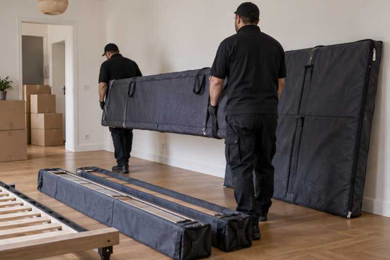 Les éléments d'un lit double démonté sous housse zippée, dans un appartement presque vide, déménagement de Paris vers le Paraguay