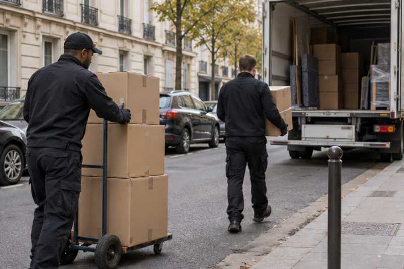 Une pile de cartons de déménagement fermés, sur le trottoir d'une rue d'Île-de-France, déménagement de Paris vers le Paraguay