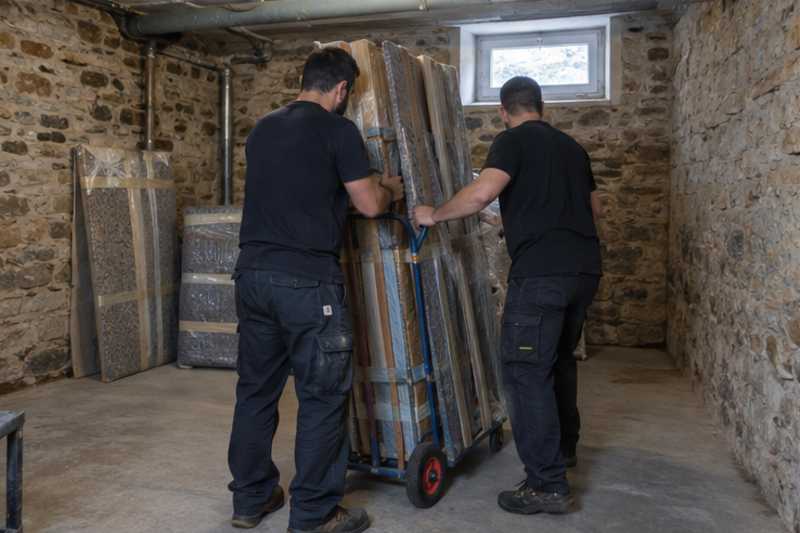 Une armoire démontée en panneaux sous couverture de déménagement, dans une cave d'immeuble aux murs de pierre, déménagement de Paris vers la République démocratique du Congo