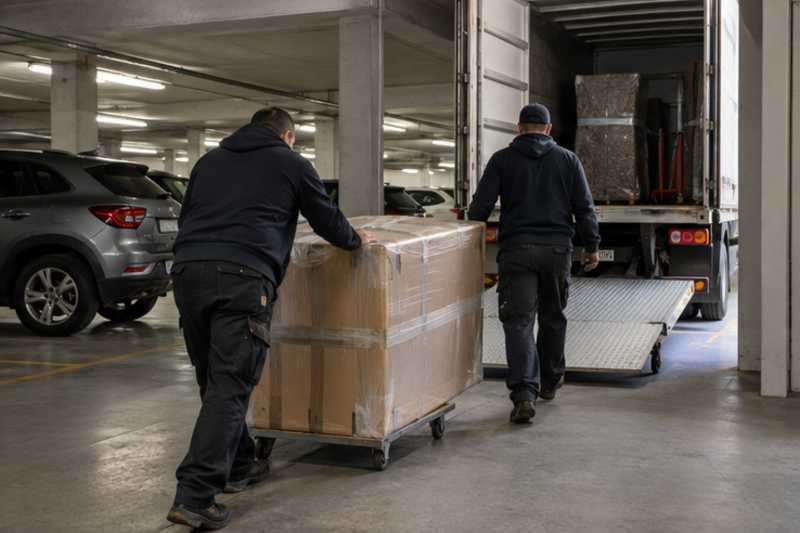 Un bureau compact sous carton épais et ruban adhésif, dans un parking souterrain de résidence, déménagement de Paris vers la République démocratique du Congo