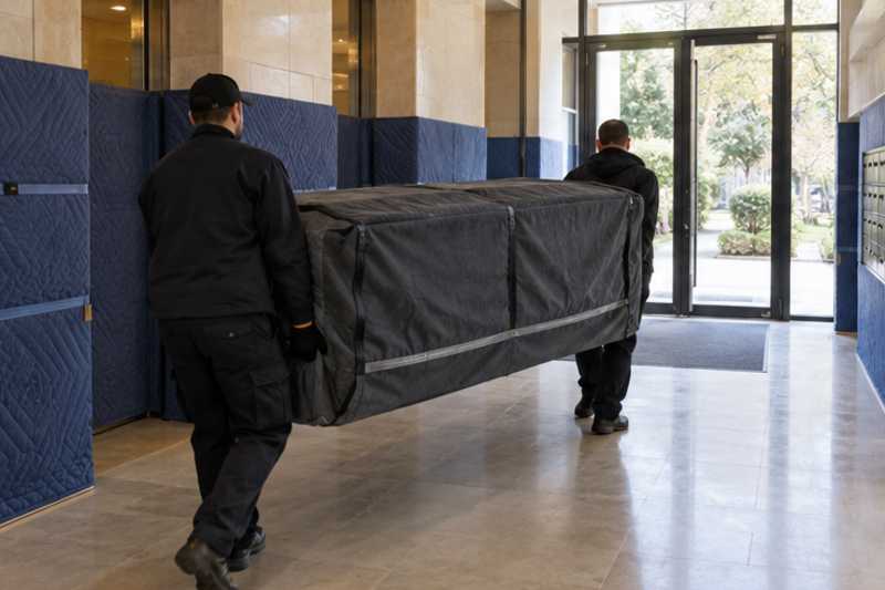 Un canapé convertible sous housse zippée, dans le hall d'une résidence aux murs protégés par des panneaux de déménagement, déménagement de Paris vers la République démocratique du Congo