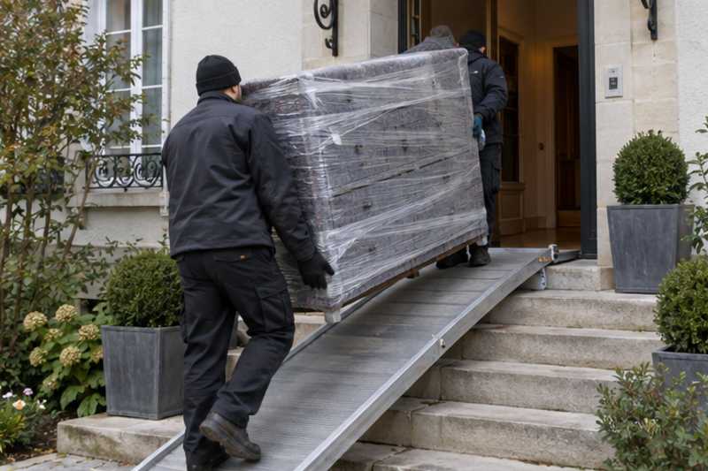 Une commode à six tiroirs sous feutrine et film étirable, devant l'entrée d'une maison de banlieue, déménagement de Paris vers la République démocratique du Congo
