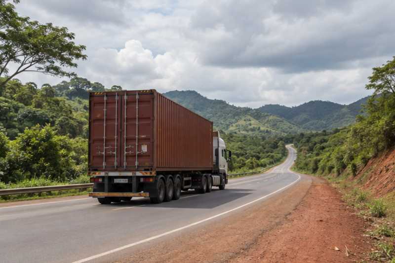 Sur une route goudronnée bordée de collines verdoyantes sous un ciel nuageux mais sec, déménagement de Paris vers la République démocratique du Congo