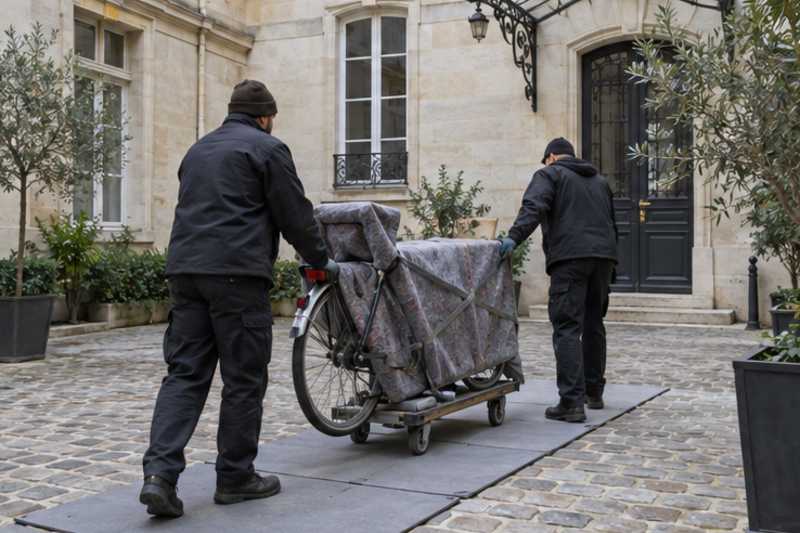 Un vélo de ville sous couverture de déménagement, dans la cour pavée d'un immeuble ancien d'Île-de-France, déménagement de Paris vers la République démocratique du Congo