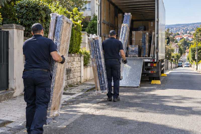 Les montants d'une bibliothèque démontée sous feutrine et film étirable, dans une rue en pente de banlieue pavillonnaire, déménagement de Paris vers la République dominicaine