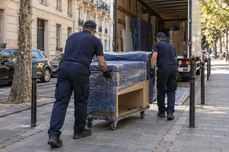 Un bureau compact sous couverture de déménagement, sur le trottoir d'une rue d'Île-de-France, déménagement de Paris vers la République dominicaine