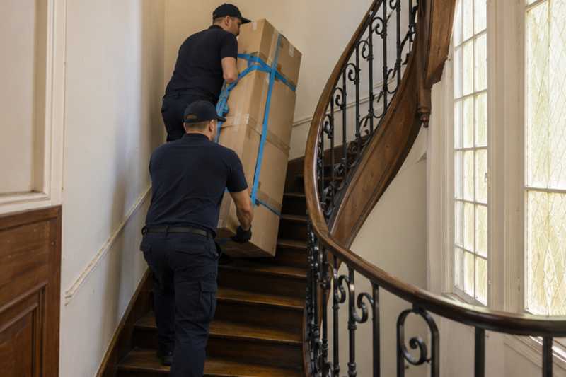 Une pile de cartons de déménagement fermés, dans un escalier tournant en bois d'immeuble ancien, déménagement de Paris vers la République dominicaine