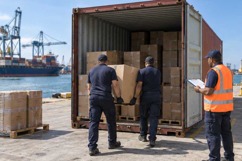 Un conteneur maritime ouvert sur un quai portuaire tropical sous un ciel dégagé, déménagement de Paris vers la République dominicaine