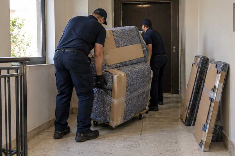 Un fauteuil releveur sous carton plat et couverture épaisse, sur un palier d'appartement près d'une porte étroite, déménagement de Paris vers la République dominicaine