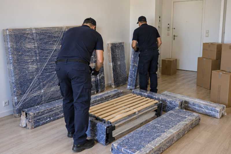 Les éléments d'un lit double démonté sous couvertures capitonnées et film étirable, dans un appartement presque vide, déménagement de Paris vers la République dominicaine