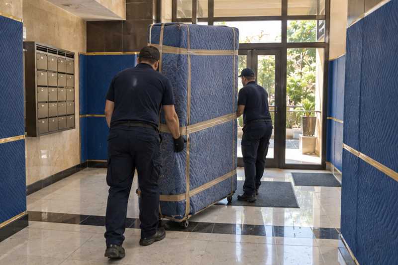 Un grand matelas debout sous housse matelassée et sangles, dans le hall d'une résidence aux murs protégés par des panneaux de déménagement, déménagement de Paris vers la République dominicaine