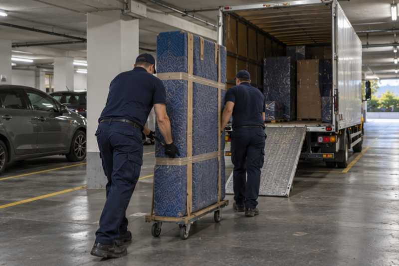 Une armoire démontée en panneaux sous couverture de déménagement, dans un parking souterrain de résidence, déménagement de Paris vers la Russie