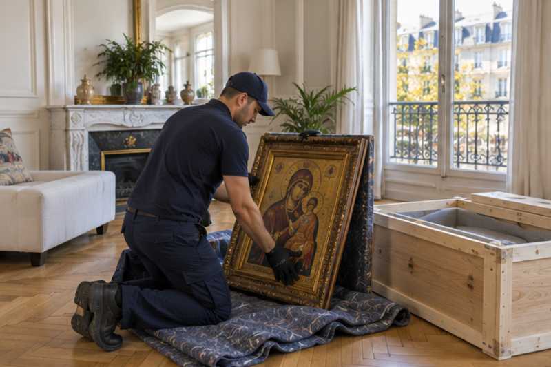 Dans un salon parisien au parquet clair, déménagement de Paris vers la Russie