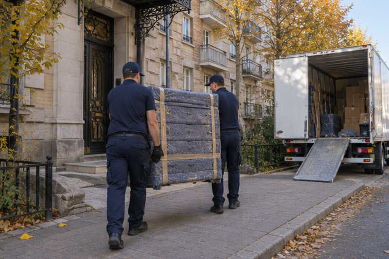 Devant un immeuble résidentiel de Moscou en début d'automne, déménagement de Paris vers la Russie